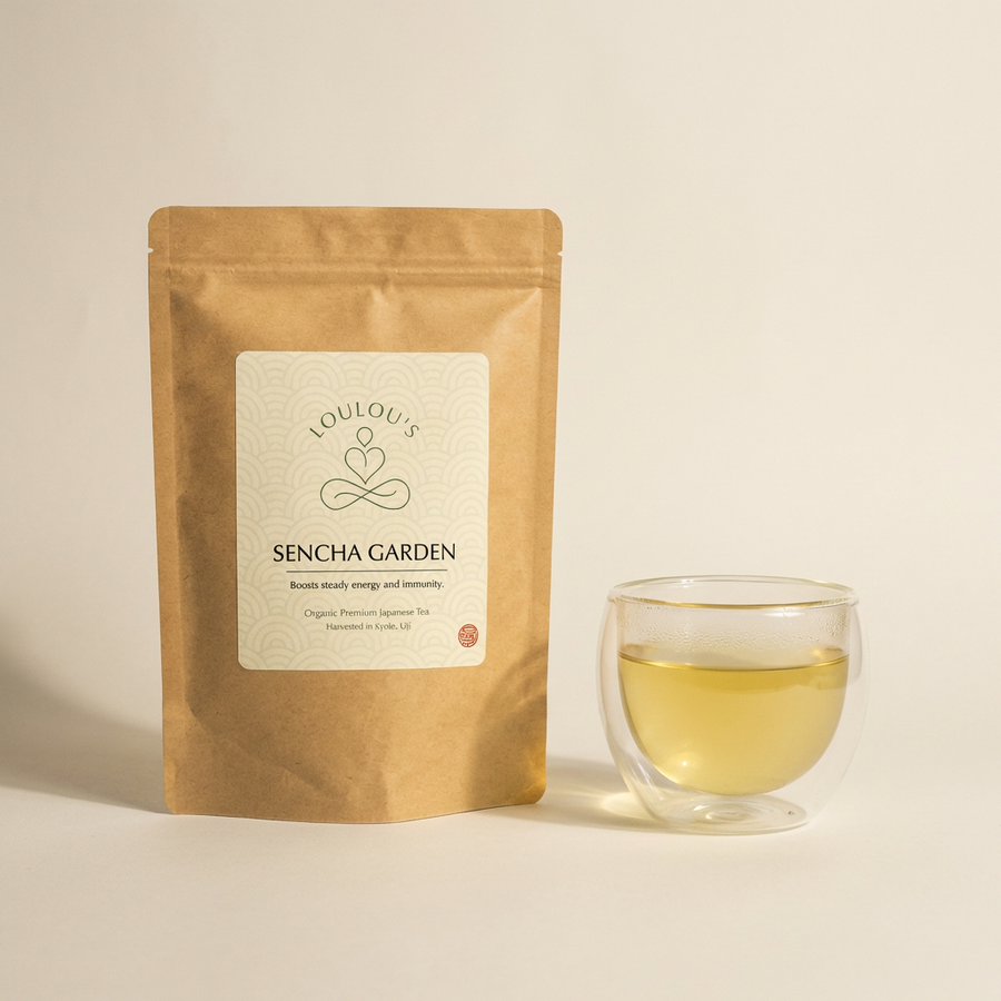 Sencha Garden organic Japanese green tea pouch with brewed cup — steady energy and immunity by Loulou's Tea