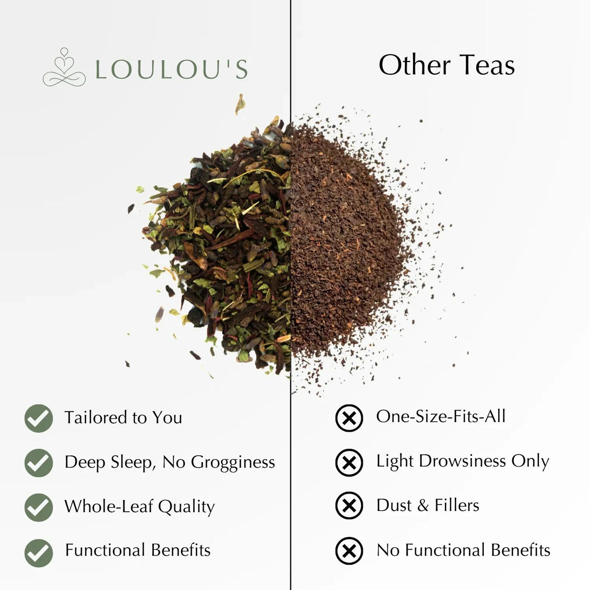 Loulou's sleep tea vs other teas: deep sleep without grogginess, whole-leaf quality and functional benefits