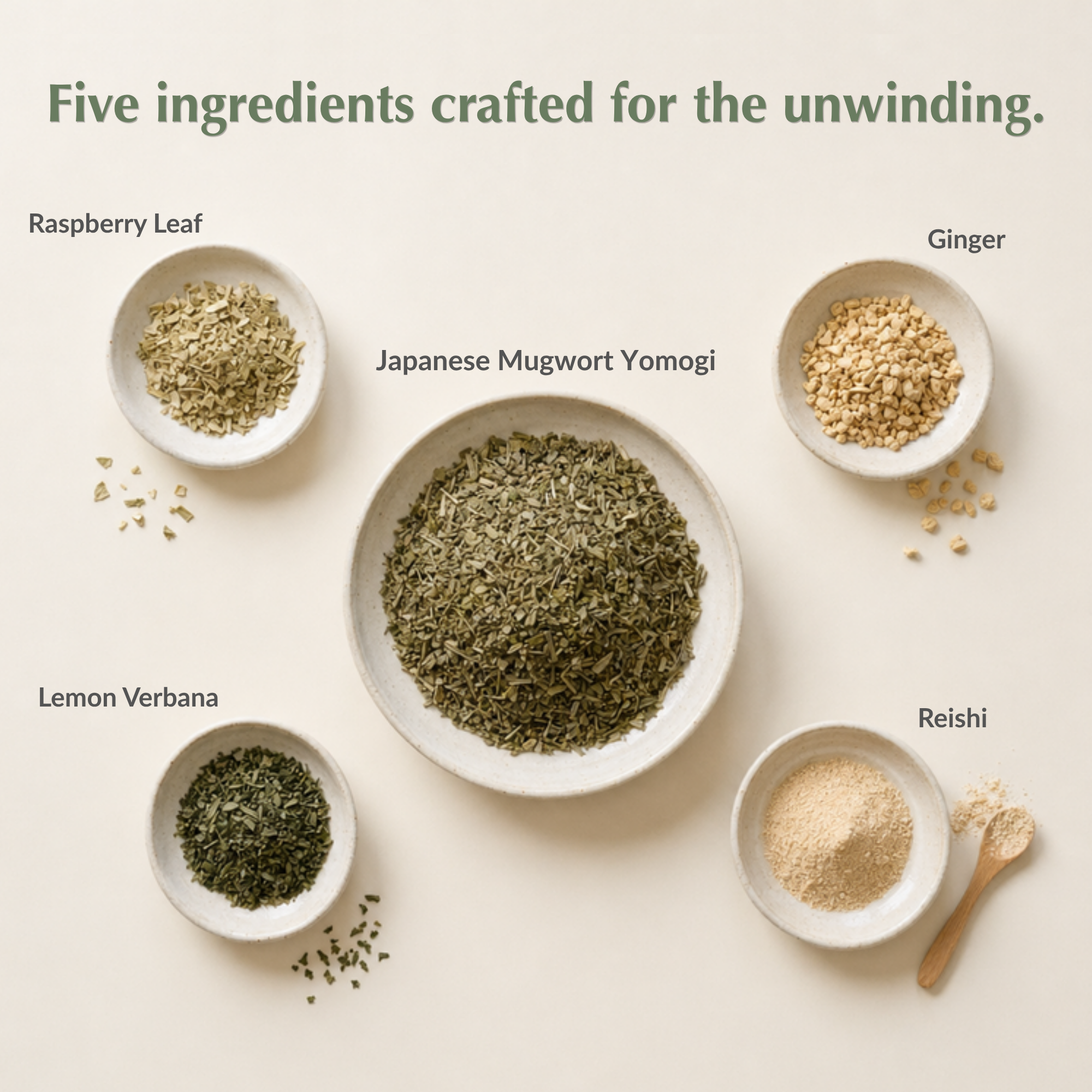 Yomogi Dream ingredients flatlay — Japanese Mugwort, Raspberry Leaf, Ginger, Lemon Verbena, and Reishi mushroom for restful sleep by Loulou's Tea