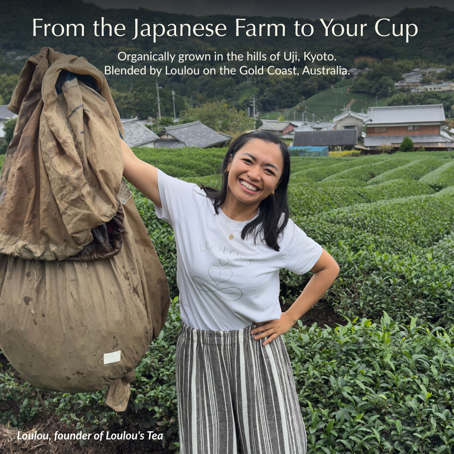 Loulou founder of Loulou's Tea at organic Japanese tea farm in Uji Kyoto — from farm to your cup