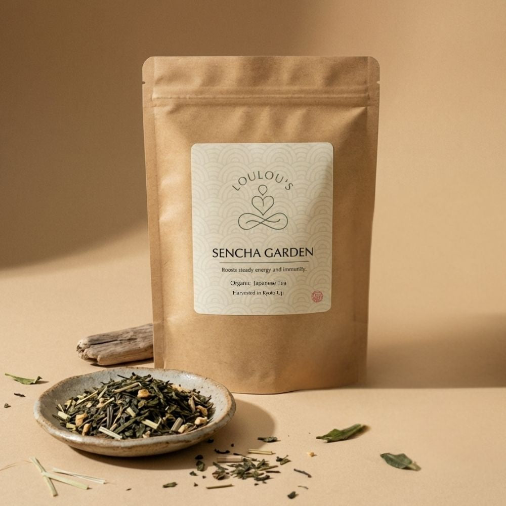 Sencha Garden organic Japanese green tea pouch with loose leaf in ceramic dish — harvested in Kyoto Uji